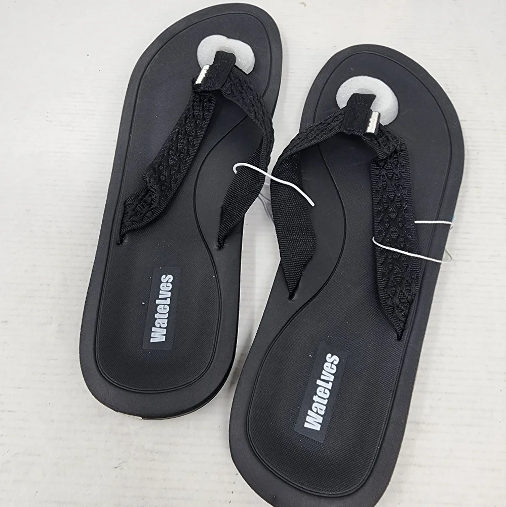 New WateLves Mens Bkack Flip Flops Sandals‎ Memory Foam Non Slip Size 9